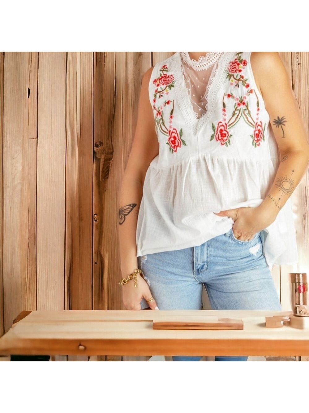 #03XX NWT White Embroidered Sleeveless Peplum Blouse Boho Floral Lace Top Medium